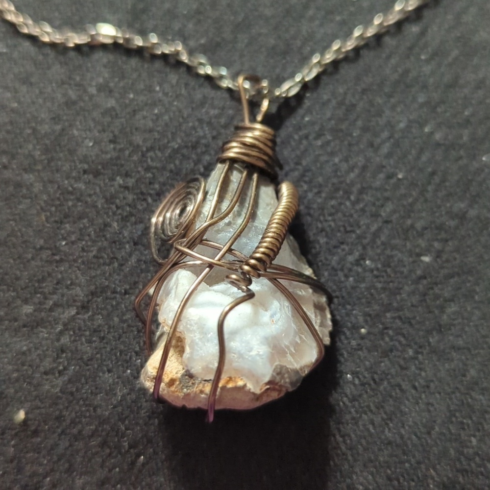 Brass Tone Wire Wrapped Grey White Geode Pendant Statement Necklace